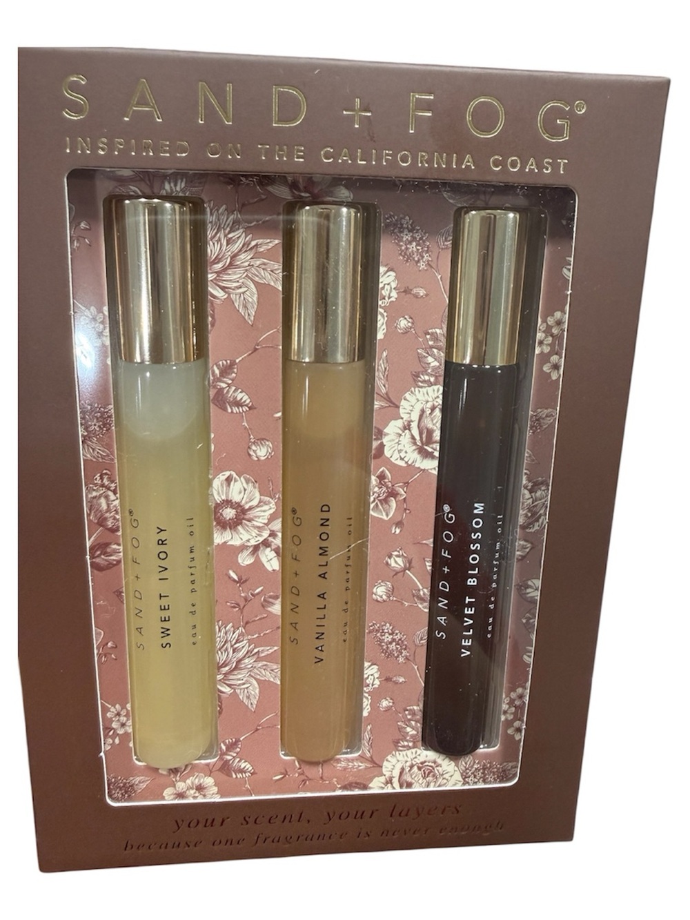 Sand+Fog perfume trio , Sweet Ivory, Vanilla Almond, Velvet Blossom